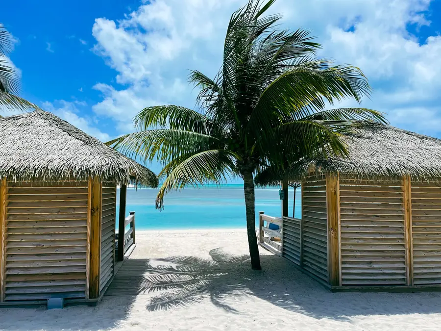 Thatched beach cabanas framing a palm tree and turquoise water